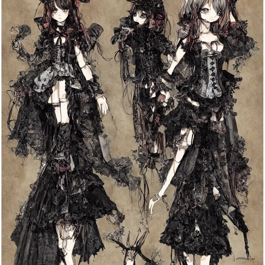 Prompt: anatomy of a gothic lolita, fashionable, spikes, by james gurney