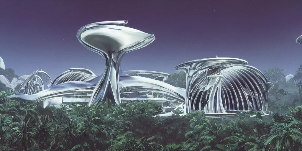 Image similar to a twirly futuristic architecture made of chrome right in the middle of a huge crater in a tropical forest, ralph maquarrie and syd mead cinematic matte painting, 4 k