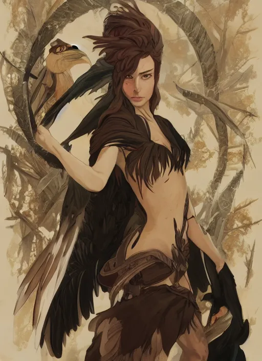 Image similar to concept art painting of a harpy with black feathers, pirate clothes, detailed, realistic, cel shaded, in the style of makoto shinkai and james gurney and alphonse mucha and greg rutkowski and artgerm