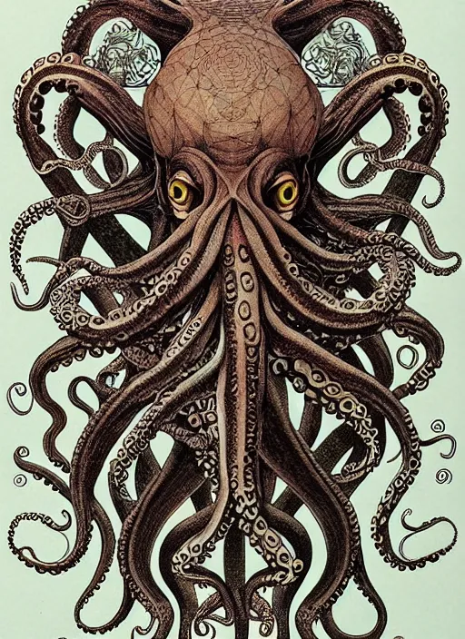 Image similar to octopus fox hybrid, rococo, intricate geometry, rainbow mycelium, basil wolverton, hr giger,