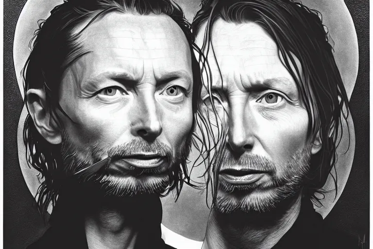 Image similar to hyper realistic portrait of thom yorke tilda swildon, bigger forehead, bigger chin, from the side, by lee bermejo, alphonse mucha and greg rutkowski