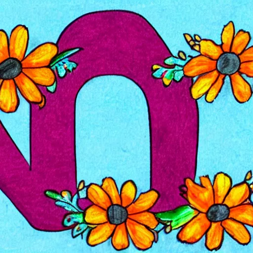 Prompt: the letter P capitalised in flowers, garland, sky background, crayon drawing style,