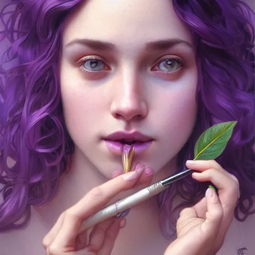 Image similar to portrait of a young girl, nose ring, upper body, purple hair, long hair, joyful smirk, intricate, smoking weed, elegant, highly detailed, digital painting, artstation, concept art, matte, sharp focus, illustration, art by artgerm and greg rutkowski and alphonse mucha