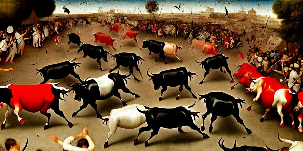 Image similar to the running of the bulls in pamplona, hundreds of people are fleeing from rampaging bulls in the city streets, art by hieronymus bosch, intricate, elegant, highly detailed, smooth, sharp focus, artstation