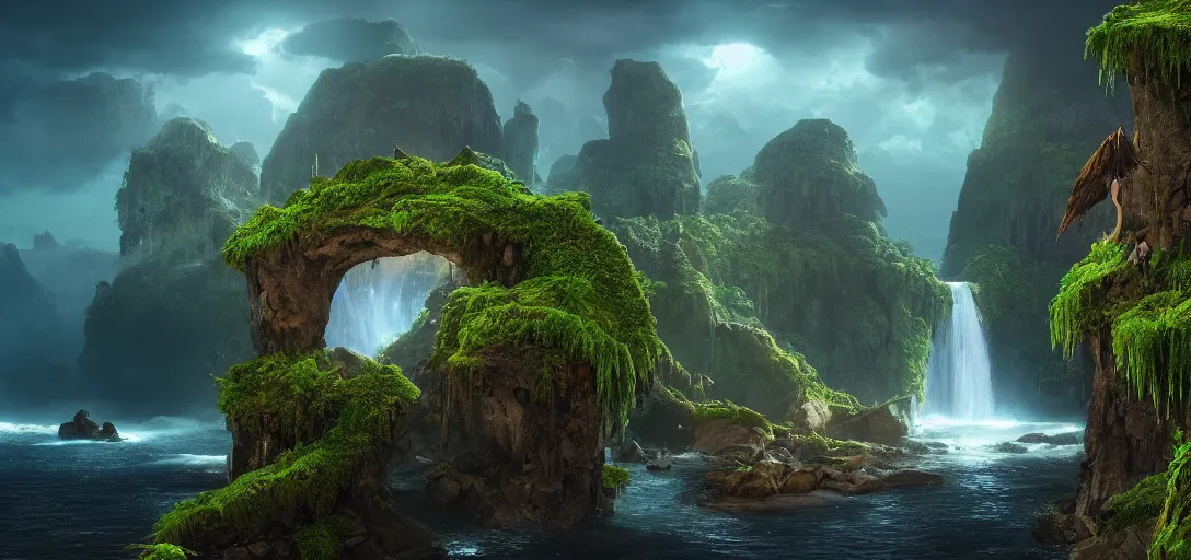 Prompt: beautiful view of a fantasy nighttime jungle ocean clifftop waterfall with giant thin stone arch structure, waves, caustics, symmetry, floating rocks in the distance, unreal engine, dramatic lighting, ultra detailed, sharp, ambient occlusion, bloom, illumination, raytracing, vibrant, vivid colors, picturesque, by dylan cole and jordan grimmer