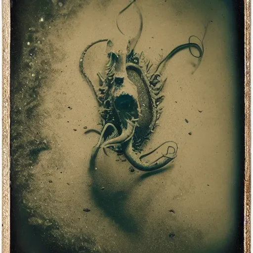 Image similar to tintype photo, swimming deep underwater, alien squid