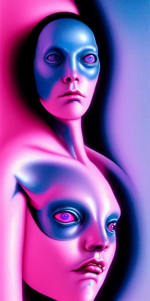 Image similar to hyperrealistic close-up of baroque cyborg woman with black hair and pearlescent pink skin wayne barlowe key sage very soft blue neon lighting on one side wide angle 35mm shallow depth of field 8k