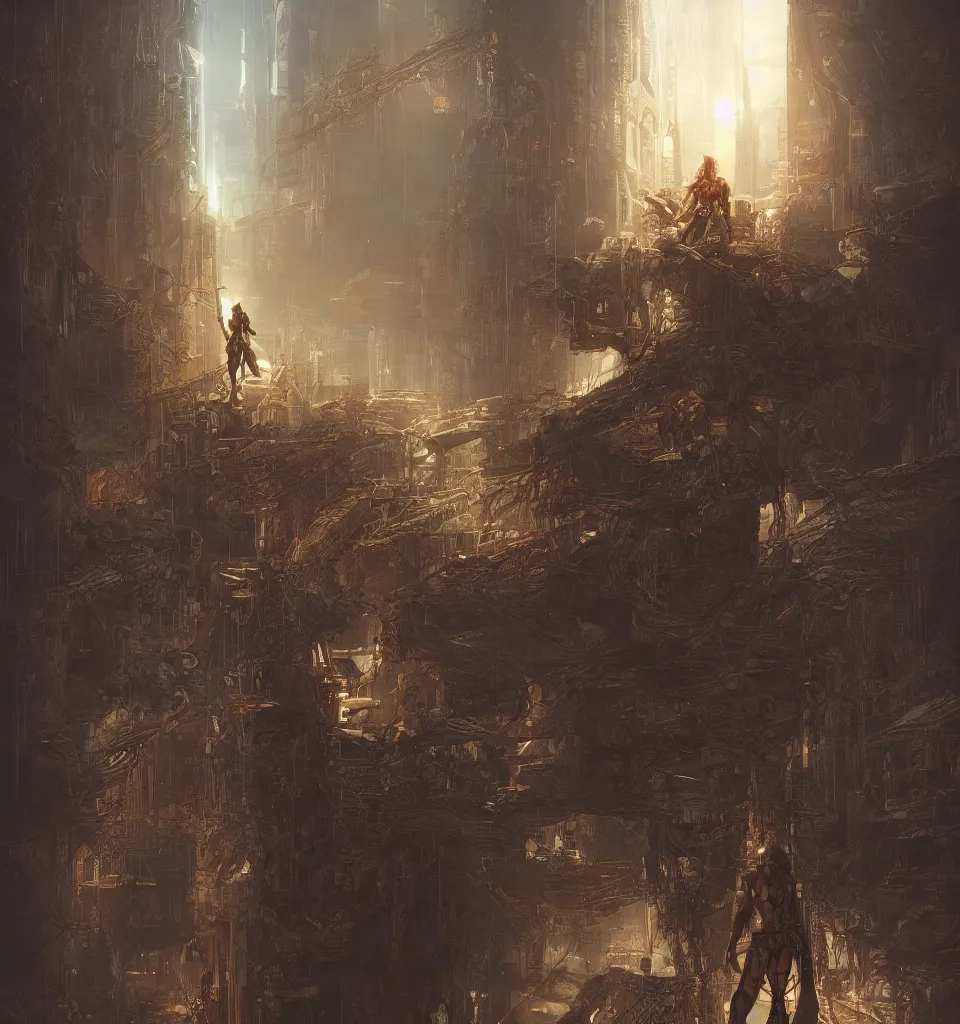 Image similar to cyberpunk gladiator, cinematic, highly detailed, octane render, cg, rich cinematic atmosphere, perfect digital art, mystical journey in strange world, Mystical, cyberpunk, tech war, sci-fi, surreal, glowing lights, sharp focus, high detailed, by Akihiko Yoshida, michael whelan and Karol Bak