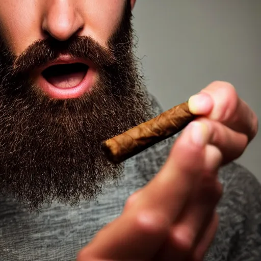 Prompt: a realistic photo of a man with a beard lighting a cigar, close up