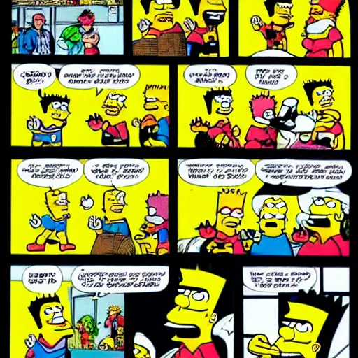 Image similar to a comic book page of the adventures of Bart Simpson by frank miller