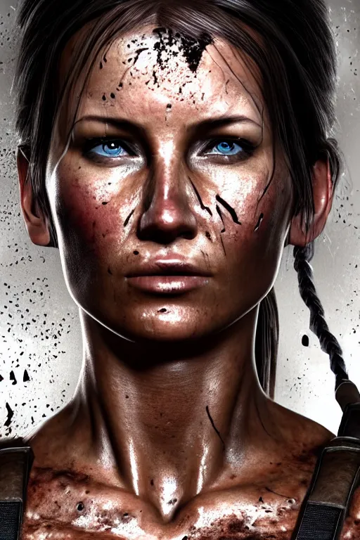 Image similar to candid action photographic portrait muscular sweat lara croft, covers with mud exhausted face close up, highly detailed, moody emotional cinematic, pouring iridescent rain, 8 k, hd, high resolution, ultra realistic faces 8 k