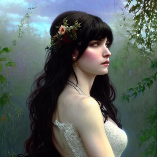 Image similar to a beautiful girl with dark hair and bangs, wearing a wedding dress, royal gardens background, fantasy, intricate, elegant, highly detailed, digital painting, artstation, concept art, matte, sharp focus, illustration, art by Artgerm and Greg Rutkowski and Alphonse Mucha