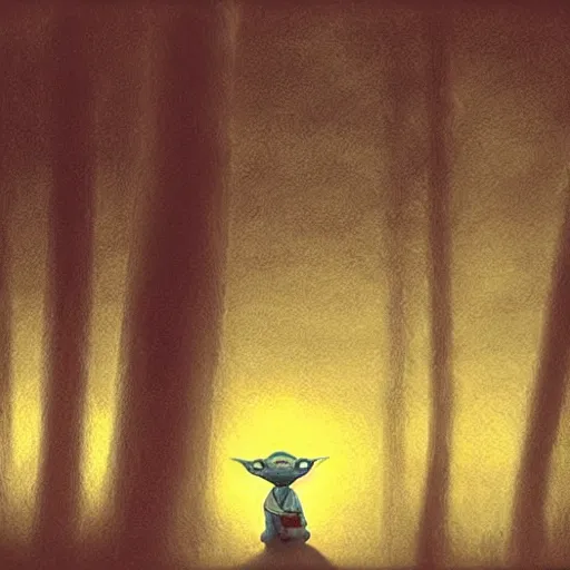 Prompt: high - angle view, shot from 5 0 feet distance, baby yoda on a well lit path in a dimly lit forest. dramatic clouds, setting sun, oil on canvas. light, shadow, depth, volume, chiaroscuro, drama, quiet intensity, realism, digital art