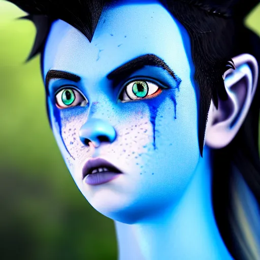 Prompt: a dnd Triton girl with blue skin and messy black hair, a little blue-skinned girl with messy black hair sharp pointed ears freckles along the ridges of her cheeks, dnd triton, high resolution film still, 4k, HDR colors