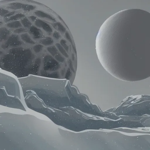 Image similar to concept art of a snow covered planet, snowstorm, ice, ice spikes, planet, space, concept art