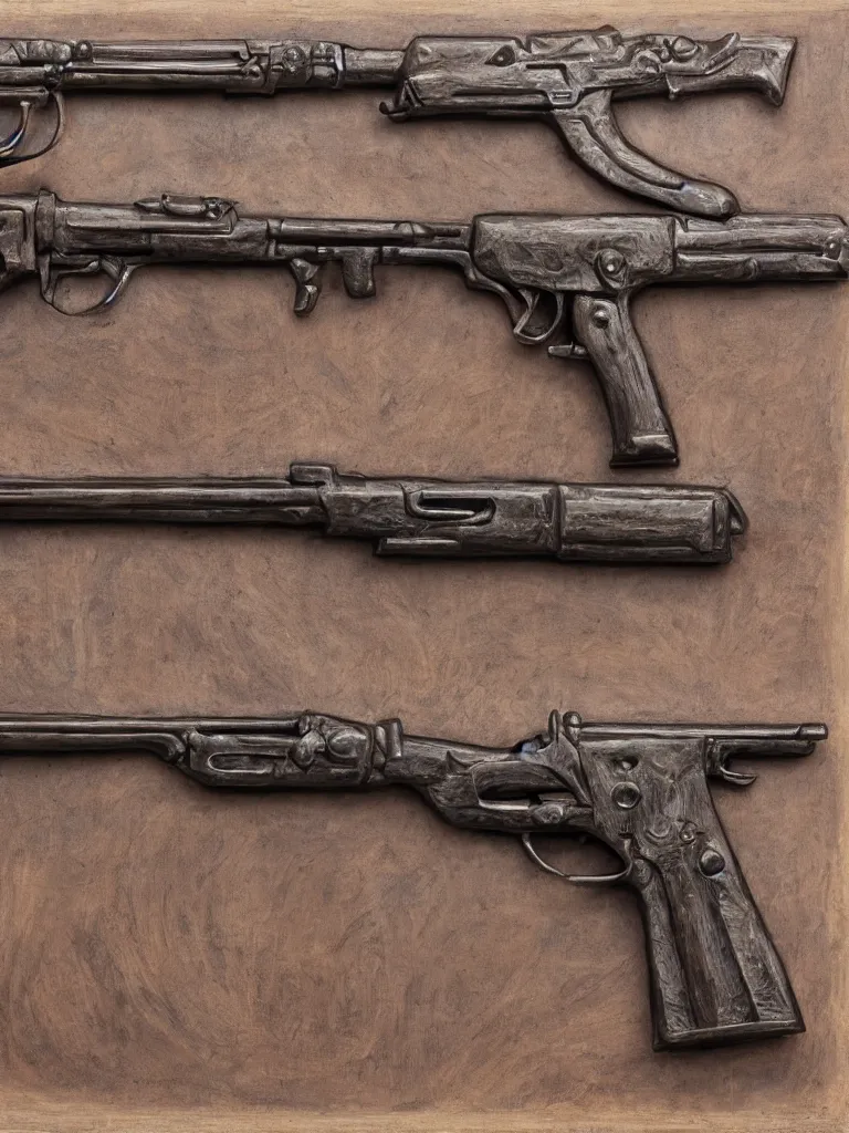 Prompt: relief sculpture carving in cast iron steel of machine guns shotguns rifles revolvers bullets, industrial dramatic dynamic lighting, hyperrealistic, ultrarealistic, intricate details, 4k