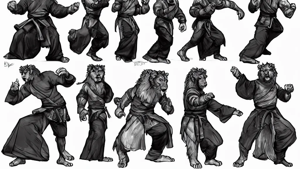 Image similar to a fantasy lion Martial artist person character design sheet, trending on artstation