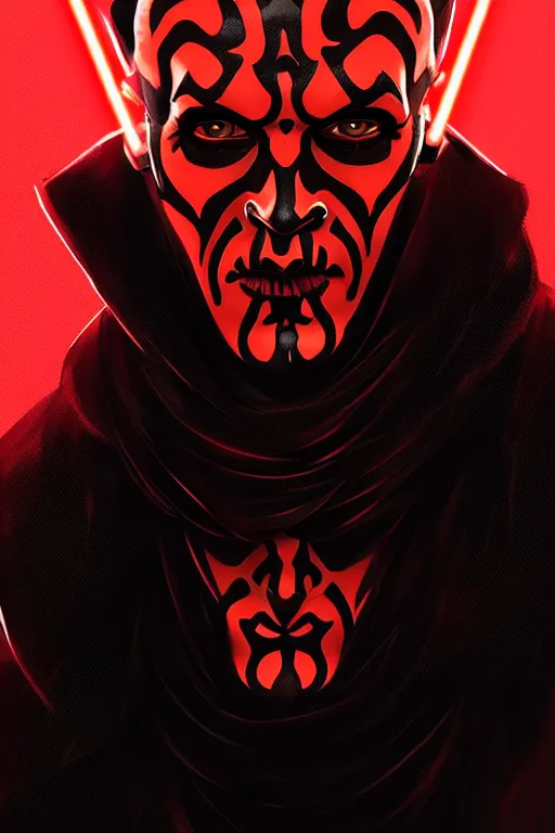 Image similar to a portrait of the darth maul, cyberpunk, grim - lighting, high - contrast, intricate, elegant, highly detailed, digital painting, artstation, concept art, smooth, sharp focus, illustration