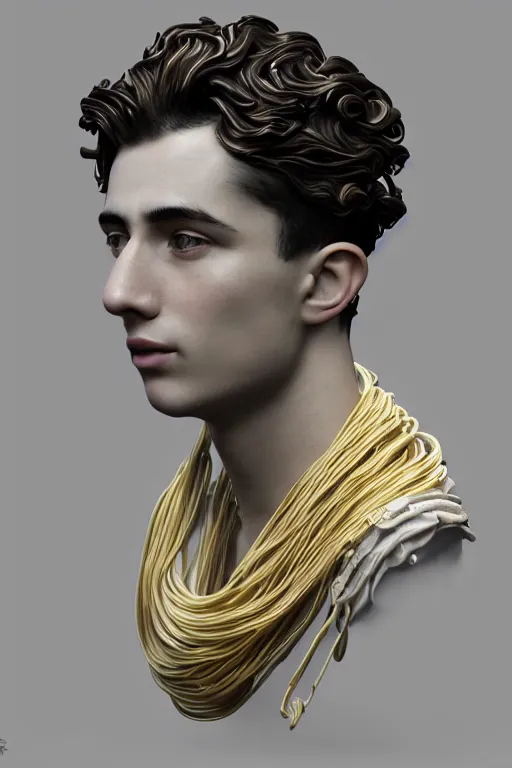 Image similar to a beautiful porcelain Baroque style bust of handsome young Spanish man with colored pipecleaners coming out of the neck suspended in space, photorealism, octane render, depth of field, 8k, 35mm, artgem, Trending on artstation