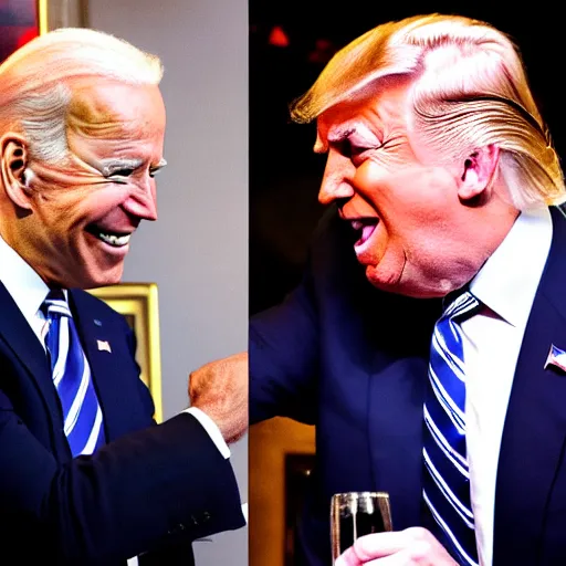 Image similar to joe biden and donald trump getting drunk together at a pub, laughing and joking, at night