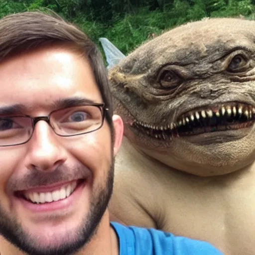 Prompt: a selfie of a guy smiling while standing next to a horrifying creature