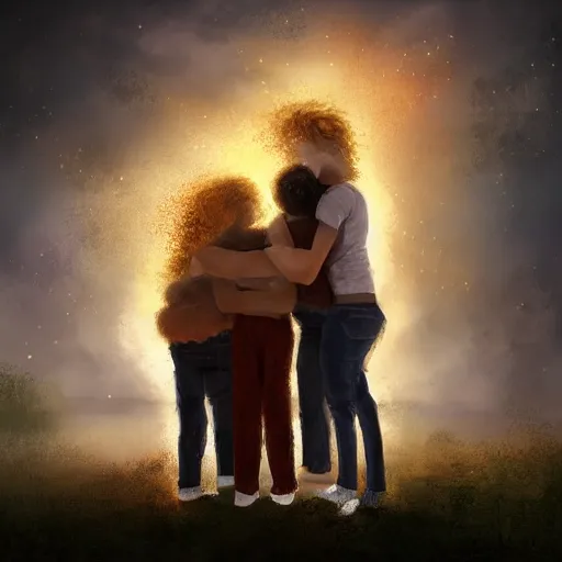 Image similar to A family hugging each other for the last time as the world is ending, meteors are falling from the sky, everything is on fire, dramatic lighting, digital art, very very very very very very beautiful, 8K, dark lighting, trending on Artstation, award winning