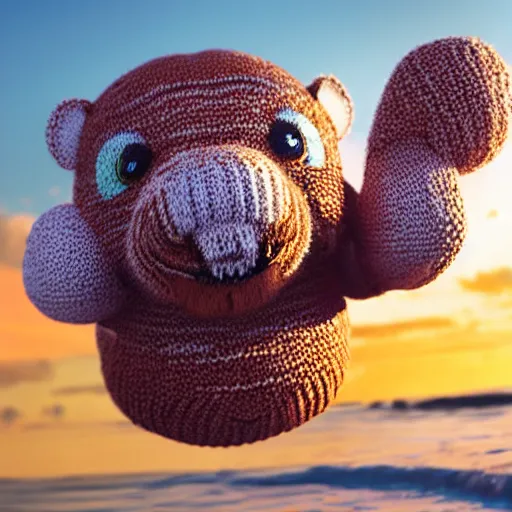 Image similar to a closeup photorealistic photograph of a cute smiling knitted tiger hippopotamus catching a beachball at sunset. surf in the background. professional capture. this 4 k hd image is trending on artstation, featured on behance, well - rendered, extra crisp, features intricate detail, epic composition and the style of unreal engine.