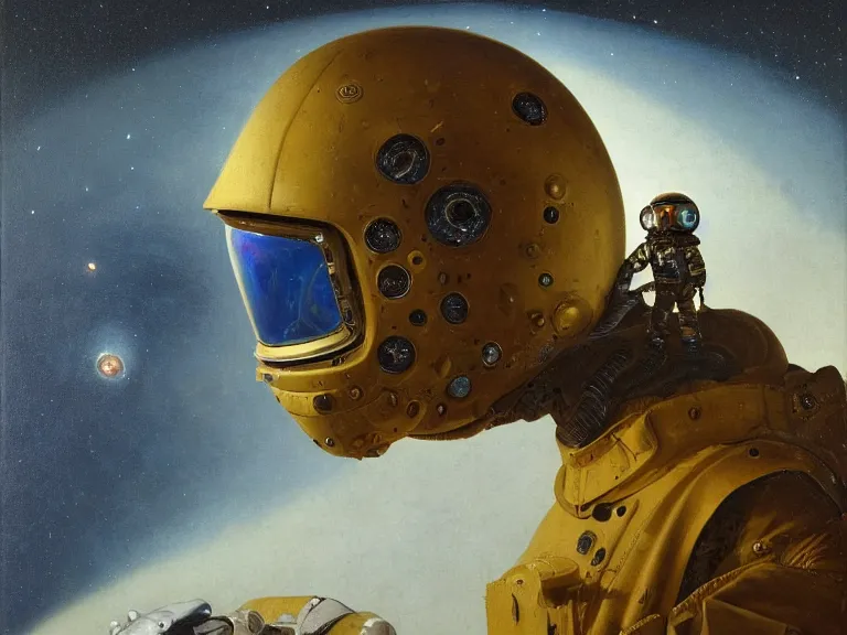 Image similar to a detailed profile oil painting of an explorer in a spacesuit with reflective helmet, flight suit, portrait symmetrical and science fiction theme with aurora lighting clouds and stars by beksinski carl spitzweg and tuomas korpi. baroque elements, full-length view. baroque element. intricate artwork by caravaggio. Trending on artstation. 8k