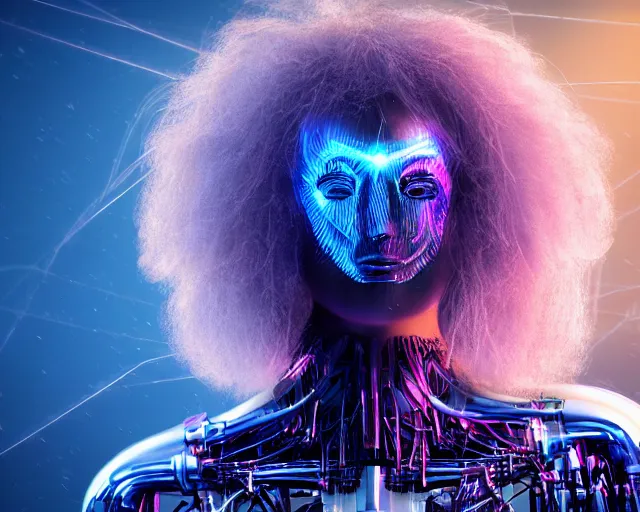 Image similar to glowing hair, complex cybernetic beings, beautiful hairy humanoids, cybermagnetosphere, cybernetic civilizations, ornate hair, love, joy, vortexes, large arrays, data holograms, 8 k, cinematic light shadows, wet hdr refractions, *, * * *, * * * * *