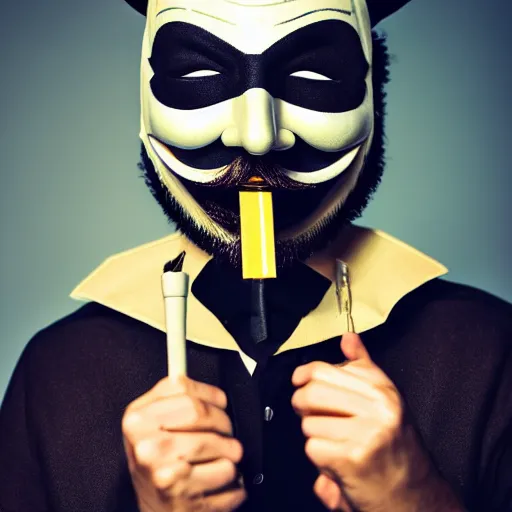 Prompt: australian man wearing guy fawkes mask, professional cosplay, cinematic, key light, 4 k, 8 k, photorealistic, ultra realistic, hyperrealistic, funny, happy