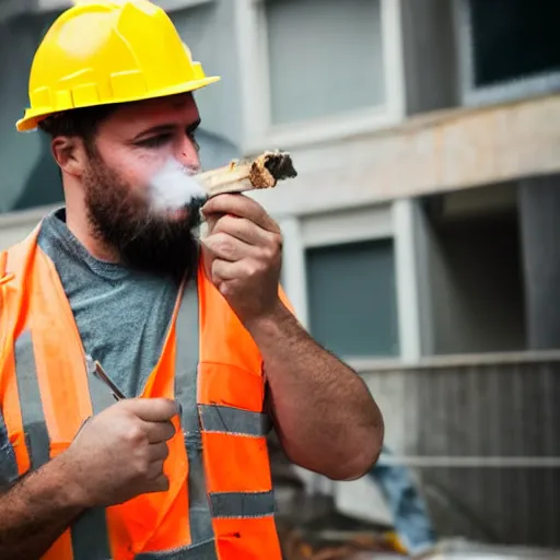 Prompt: Construction worker smoking a joint, DSLR photography