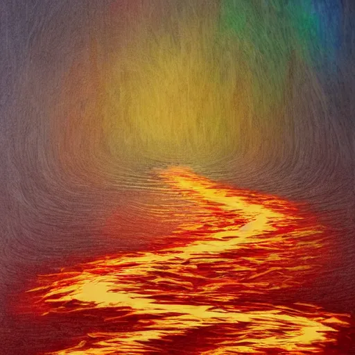 Prompt: a river runs here, a fiery river, from east to west, from west to north. over that river the fiery river drives the light. light transports souls. award - winning, very trending, esoteric art, 2 k, 4 k, pen and pencil