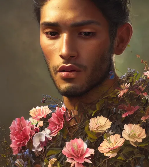 Image similar to portrait of a very handsome peruvian male model, surrounded by flowers by karol bak, james jean, tom bagshaw, rococo, trending on artstation, cinematic lighting, hyper realism, octane render, 8 k, hyper detailed.