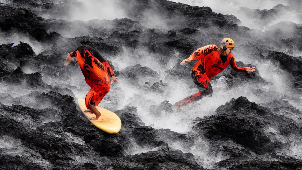 Image similar to person wearing a sponsored team jersey with logos surfing down a river of lava on the side of a volcano on surfboard, action shot, dystopian, thick black smoke and fire, sharp focus