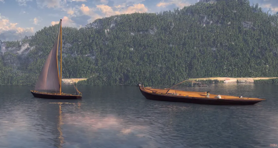 Prompt: A beautiful hyper realistic ultra detailed lifelike matte painting of traditional austrian sailboat on a lake, unreal engine, deviantart, flickr, artstation, octane render, textured, colorful, extreme realistic detail, physically based rendering, pbr render, very detailed, volumetric lighting, detailed lighting, octane render, 4k, cinematic lighting, 8k resolution