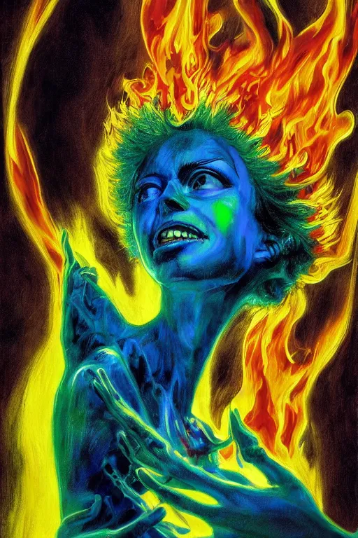 Image similar to scary flame,art by James C. Christensen and Mark Tedin,trending on artstation, luminous lighting high angle view,movie poster,crayon art ,Eraserhead ,iridescent colors,long exposure ,