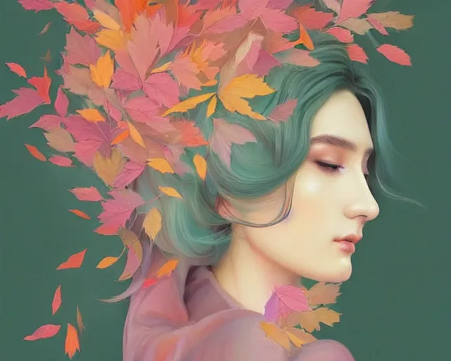 Image similar to highly detailed pastel colors of an ethereal moroccan beauty blowing a birthday candle, morphing into autumn leaves, by artgerm and hsiao - ron cheng, smooth composition, fine patterns and detail