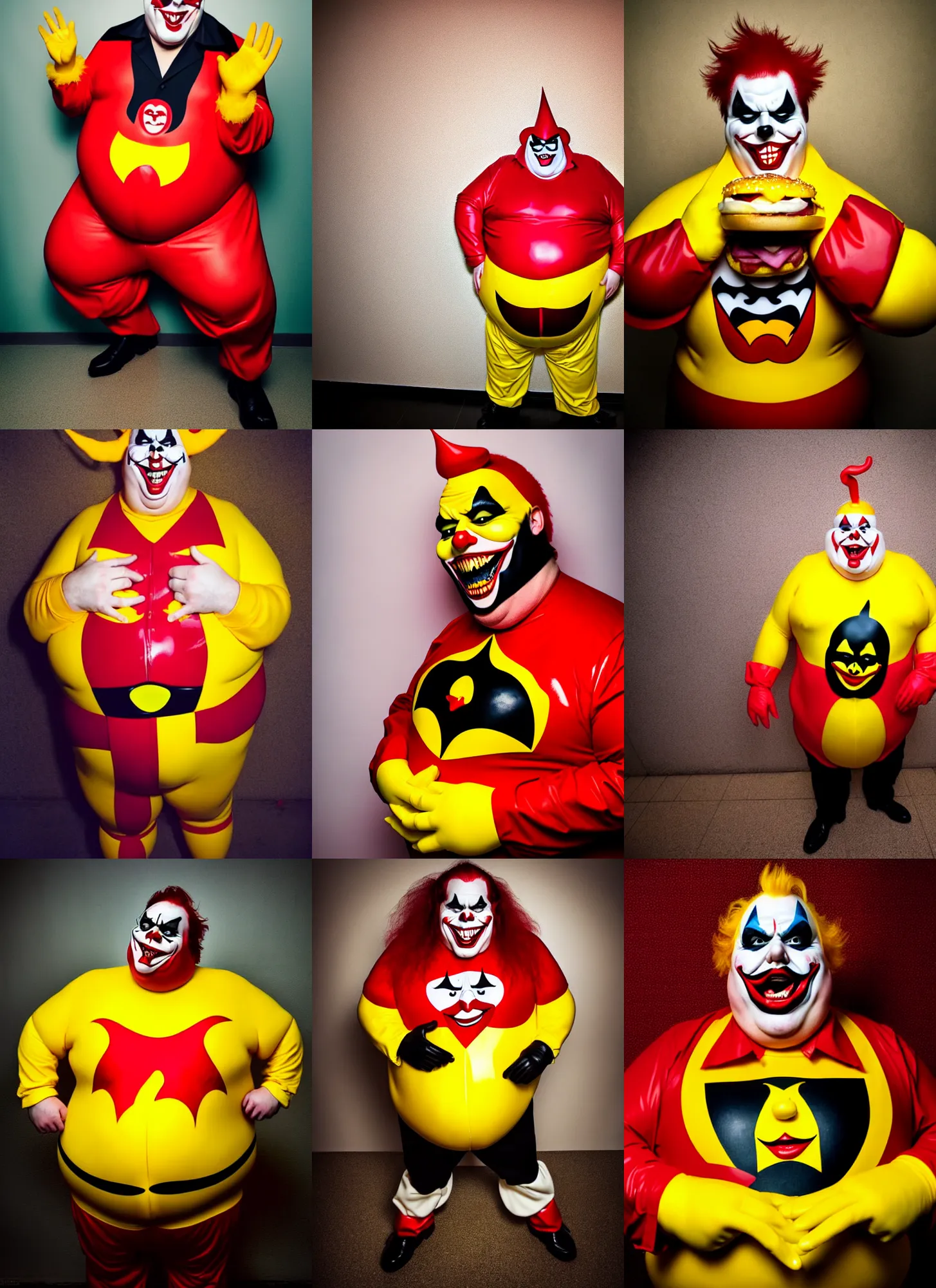 Prompt: dramatic wide angle lens portrait of a extremely fat sinister looking joker dressed in yellow and red rubber latex Ronald Macdonalds costume eating a Big Mac, red hair, a Macdonalds logo on his chest, photography inspired by Oleg Vdovenko