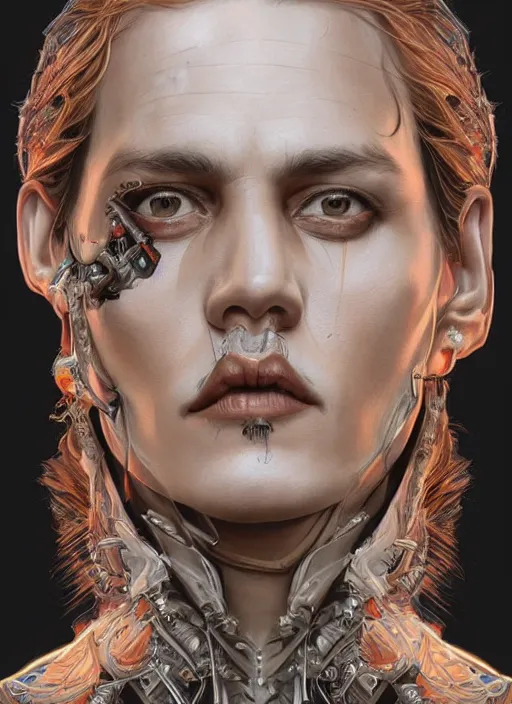 Image similar to symmetry!! johnny depp, machine parts embedded into face, intricate, elegant, highly detailed, digital painting, artstation, concept art, smooth, sharp focus, illustration, art by artgerm and greg rutkowski and alphonse mucha, 8 k