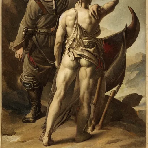 Prompt: a tactical soldier with his back to the viewer, looks up to see a giant woman with horns, neoclassical art