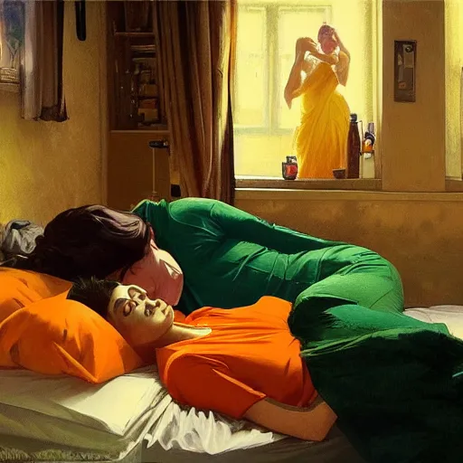 Image similar to guinness bottles and young man in orange shirt and a girl in green shirt sleeping in bed, highly detailed, digital painting, artstation, concept art, smooth, sharp focus, illustration, art by artgerm and greg rutkowski and alphonse mucha