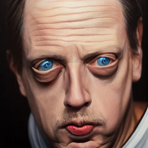 Image similar to hyperrealistic mixed media painting of steve buscemi, perfect facial symmetry, dim volumetric lighting, 8 k octane beautifully detailed render, post - processing, portrait, extremely hyper - detailed, intricate, epic composition, brown eyes, highly detailed eyes, realistic eyes, masterpiece, trending on artstation, very very detailed, stunning,