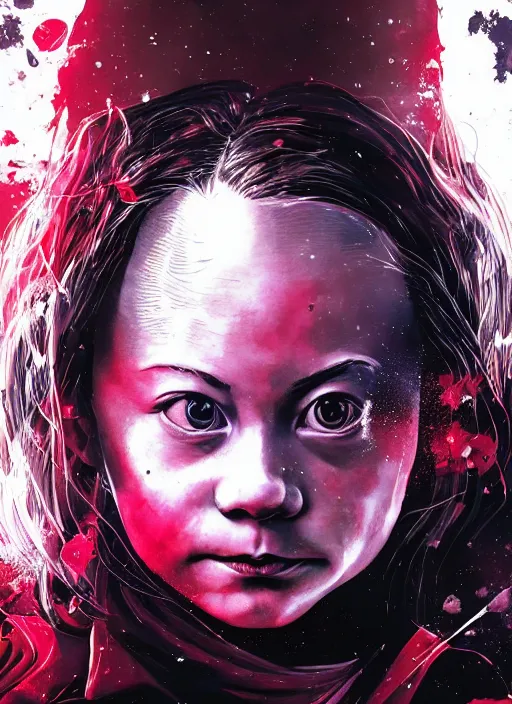 Prompt: highly detailed portrait of a greta thunberg as supergirl, by Dustin Nguyen, Akihiko Yoshida, Greg Tocchini, Greg Rutkowski, Cliff Chiang, 4k resolution, nier:automata inspired, bravely default inspired, vibrant but dreary red, black and white color scheme!!! ((Space nebula background))