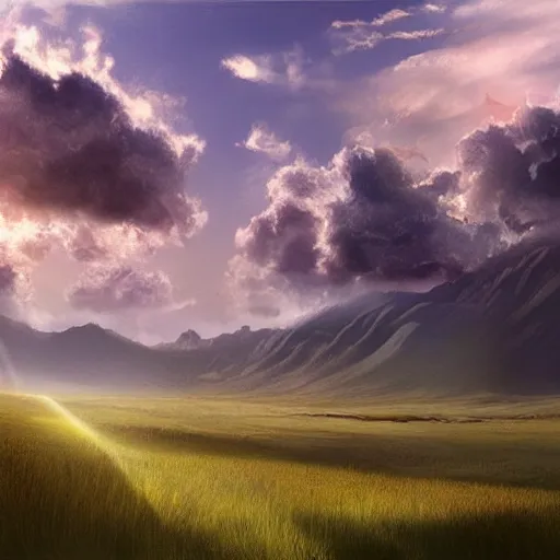 Image similar to a cinematic landscape view looking at an open field, mountains in the distance, the sun shines through the parted clouds, digital painting, fantasy, art by alexandre mahboubi and christophe oliver