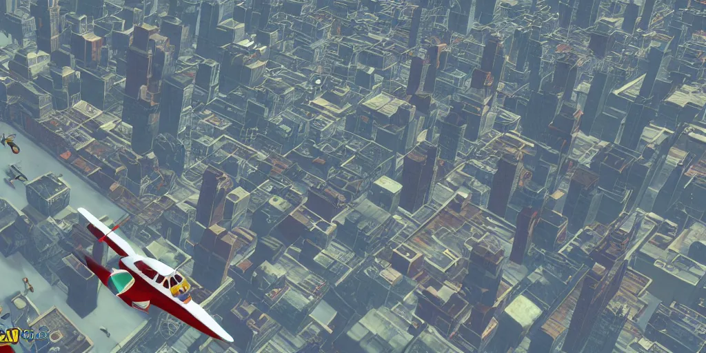 Prompt: PS1 game, plane flying over city