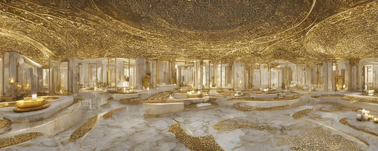 Prompt: interior of a double height luxury spa with everything made of gold, candles, beige marble floor, wellness pool, intricate hieroglyph detailed roof, contemporary design, sacred geometry, 8 k, hyperrealistic, photorealism, windows with view to wadi al disah mountains