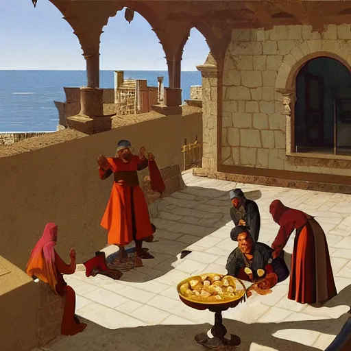 Image similar to ' a medieval turkish nobleman takes breakfast at his coastal manor with his family '. matte painting by angus mcbride, digital matte painting with high fidelity realistic textures and figures.