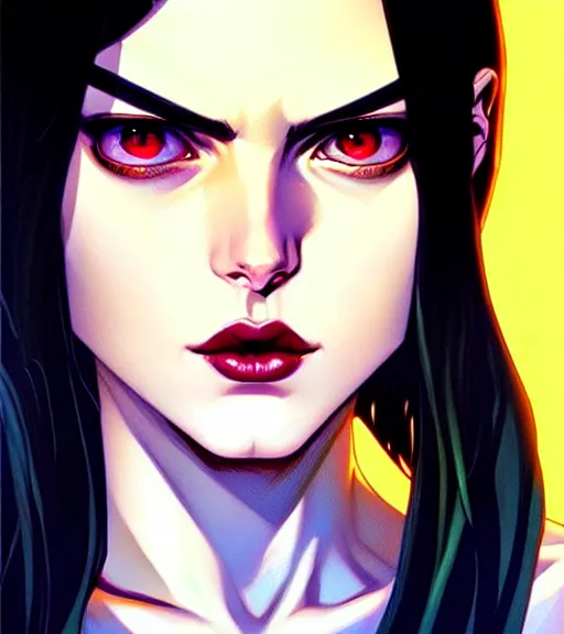 Image similar to artgerm, joshua middleton comic cover art, pretty friendly sweet kind phoebe tonkin eye of horus painted under one of her eyes, young, attractive, slim, she has very pale skin long black hair, she prefers to dress casually and she wears black clothing