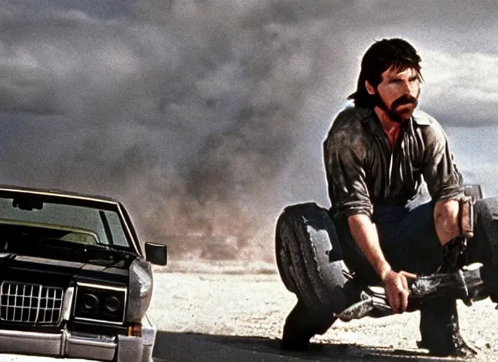 Image similar to film still of Christian Bale as Max in Mad Max 1979