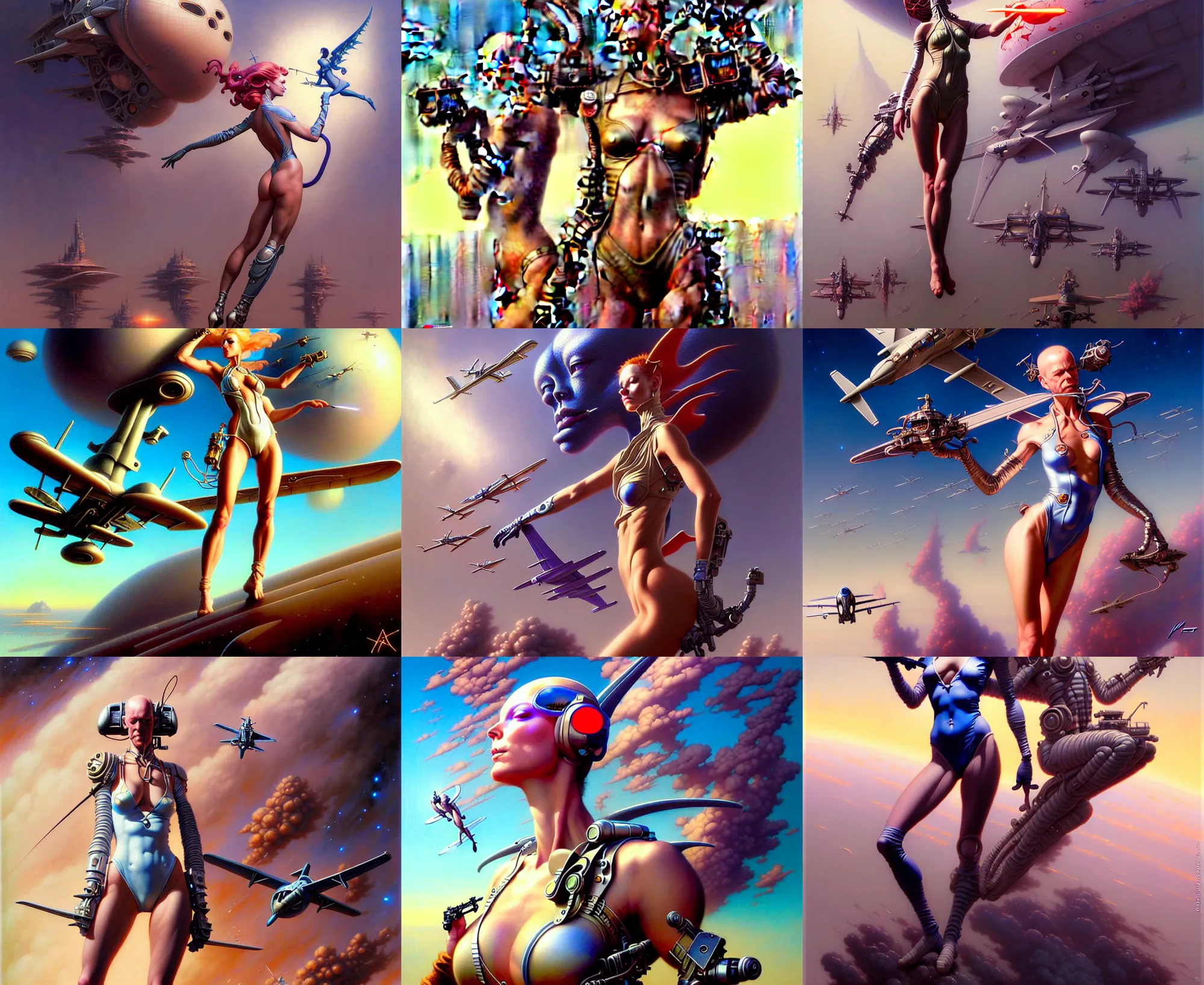 Prompt: beautiful pilot with aircraft, fantasy character portrait, bikini, bodysuit, leotard, ultra realistic, wide angle, intricate details, the fifth element artifacts, highly detailed by peter mohrbacher, hajime sorayama, wayne barlowe, boris vallejo, aaron horkey, gaston bussiere, craig mullins